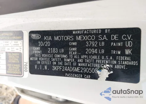 2021 Kia Forte Fe from USA, damaged, VIN 3KPF24AD6ME290500